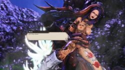 3d dialogue dialogue_box final_fantasy_xiv gpose(ffxiv) head_grab head_hold holding_head idakiaria kiaria_ida miqo'te nude nude_female part_of_a_set rape rough_sex sahagin tagme tattoos