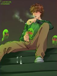 baggy_pants brown_hair brown_pants cum_drip ghost green_clothing handjob lawwclair male male_only scooby-doo shaggy_rogers sitting_on_floor smoke smoking smoking_cigarette stairs