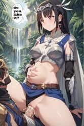 1girls ai_generated ayaka_sogou black_hair cameltoe english_text failure_frame:_i_became_the_strongest_and_annihilated_everything_with_low-level_spells looking_at_viewer looking_back red_eyes rengoart sex squatting text vaginal_penetration