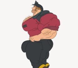 animated animatic bara belt big_ass big_biceps big_bulge big_legs big_muscles big_penis big_triceps blonde_body_hair blonde_hair body_hair bulge clothing cowboy_hat facial_hair flaccid fully_clothed gif green_eyes hyper_muscles kenny_star male male_only muscles muscular pants remert solo solo_male the_ghost_and_molly_mcgee