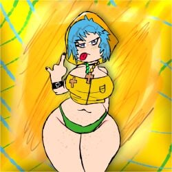 1girls 2d belly blue_hair breasts goth_girl looking_at_viewer luce_(vatican) middle_finger panties solo tagme tongue_out