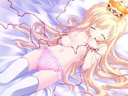 1girls arietta_(lyrical_lyric) blonde_hair bow chikotam closed_eyes crown game_cg highres lingerie long_hair lying lyrical_lyric on_back on_bed panties pink_bra pink_panties ribbon solo striped_bra striped_clothes striped_panties thighhighs underwear underwear_only vertical-striped_bra vertical-striped_clothes vertical-striped_panties