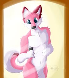 animal_genitalia anthro canine canine curl fluffy fur girly husky male mammal mirror nude phone pink_fur primehunterwolf selfie sheath smile solo tongue