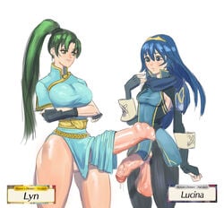 2futas big_breasts color dickgirl fire_emblem fire_emblem:_the_blazing_blade fire_emblem_awakening foreskin full-package_futanari futa_on_futa futa_only futa_with_futa futanari huge_penis intersex large_breasts large_testicles lucina_(fire_emblem) lyn_(fire_emblem) lyndis_(fire_emblem) penis_size_difference size_difference streachybear thick_thighs veiny_penis