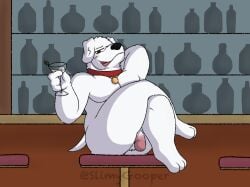 alcohol anthro ass bar beverage brian_griffin canid canine crossed_legs family_guy genitals glass hand_behind_head holding_glass holding_object hornypurpproto leg_over_thigh male mammal nude penis sitting slimygooper solo wine