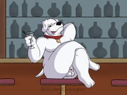 alcohol animal_genitalia anthro ass bar beverage brian_griffin canid canine crossed_legs family_guy genitals glass hand_behind_head holding_glass holding_object hornypurpproto knot leg_over_thigh male mammal nude penis sheath sitting slimygooper solo wine