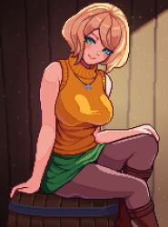 2020s 2024 ashley_graham barrel bedroom_eyes big_breasts blonde_hair blue_eyes blush bob_cut boots brown_boots capcom clothing female green_skirt hand_on_knee light-skinned_female looking_at_viewer miniskirt pendant pixel_art resident_evil_4_remake short_hair sitting skirt sleeveless_sweater smile stockings thighs turtleneck yumykon