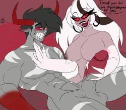 arkdemon black_lipstick blush carmilla_carmine drogon_(arkdemon) earrings gradient_hand gradient_penis grey_skin handjob hazbin_hotel hazbin_hotel_oc horns large_breasts large_penis lipbite long_hair male muscles nipples ocxcanon on_back on_bed penis precum red_eyes scars sharp_teeth