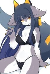 1girls 2023 anthro bangs big_breasts black_hair blue_hair bra breasts claws cute cute_fang female female_only furry furry_only grey_body grey_fur hime_cut horns long_hair looking_at_viewer navel open_mouth orange_eyes panties paws simple_background spommmm stockings white_fur wholesome