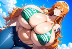 1girls ai_generated big_breasts bikini bikini_top breasts breasts_bigger_than_head curvy curvy_body curvy_figure denim denim_clothing exposed_shoulders female female_only huge_breasts hyper hyper_breasts jeans large_breasts light-skinned_female light_skin long_hair massive_breasts minmin nami_(one_piece) one_piece pants revealing_clothes shonen_jump shorts sideboob solo solo_focus swimsuit swimwear thick_thighs thighs tight_clothing underboob voluptuous voluptuous_female