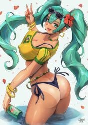 1girls ass beads big_ass big_breasts big_thighs bikini brazil brazilian brazilian_female brazilian_miku breasts cyan_eyes cyan_hair female female_only hatsune_miku huge_ass huge_thighs jammeryx latin_american_hatsune_miku_(meme) long_hair looking_at_viewer shirt solo tagme tan tan_body thick_hips thick_thighs thighs twintails vocaloid waist_beads yellow_shirt