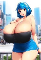 ai_generated ameanon big_breasts blue_hair breasts breasts_bigger_than_head cleavage gigantic_breasts huge_breasts large_breasts miniskirt pink_eyes rina_atherina rina_atherina_(errorkazoo) short_skirt sideboob sleeveless sleeveless_shirt thick_thighs tubetop