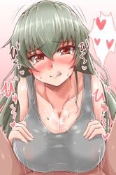 1boy alternate_breast_size anchovy big_breasts blush breasts cleavage covered_nipples cum cum_on_breasts ejaculation_between_breasts female girls_und_panzer green_hair huge_breasts large_breasts looking_at_viewer misoperopero paizuri paizuri_lead_by_female paizuri_on_lap paizuri_under_clothes pov pov_paizuri red_eyes smile straight sweat tank_top tongue_out