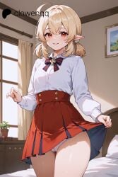 1girls ahoge ai_generated blonde_hair cameltoe clothing elf_ears genshin_impact klee_(genshin_impact) red_eyes red_skirt skirt skirt_lift smile white_panties