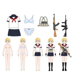 barefoot blonde_hair blue_eyes breasts completely_nude female gun highres military navel nipples nude original reference_sheet reisenzero school_uniform short_hair simple_background smile socks standing tomboy weapon white_background