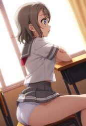 ai_generated ass ass_focus blue_eyes brown_hair female from_behind love_live! love_live!_sunshine!! panties school_uniform schoolgirl serafuku short_hair watanabe_you