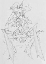 alastor_(hazbin_hotel) angel_dust_(hazbin_hotel) cannolicorgi erection erection_under_clothes gay hands hazbin_hotel shaking sketch tail tailwag