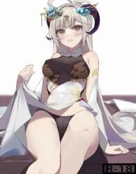 1girls beauty_mark bed blush cameltoe ciyana horns indie_virtual_youtuber light-skinned_female silver_hair thick_thighs virtual_youtuber vtuber white_hair yellow_eyes