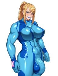 624_(artist) big_breasts bodysuit breasts bulge futanari metroid muscular muscular_futanari nintendo nipple_bulge penis_outline samus_aran skintight_bodysuit zero_suit zero_suit_samus