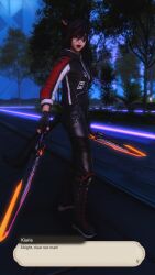 1girls dialogue dialogue_box dual_swords eyepatch final_fantasy_xiv fully_clothed gpose(ffxiv) idakiaria jacket kiaria_ida leather_pants miqo'te part_of_a_set swords tagme