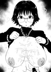 absurdres after_paizuri black_eyes black_hair breasts breasts_out clothes_lift cum cum_on_body cum_on_breasts expressionless female glasses highres hunter_x_hunter kaiman_garupan large_breasts looking_at_viewer monochrome nipples no_bra pov rosary shirt_lift shizuku_murasaki short_hair solo steam steaming_body stomach_tattoo sweat sweatdrop sweater tattoo