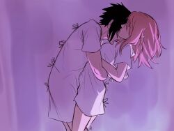 biting black_hair ceejss couple hospital_gown hugging naruto_(series) pink_hair sakura_haruno sasuke_uchiha side_view