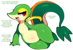 ai_generated anthro ass big_breasts big_butt blush breasts eyelashes female generation_5_pokemon green_body heart hellsonger hi_res huge_butt looking_back narrowed_eyes nintendo non-mammal_breasts nude open_mouth pokemon pokemon_(species) rear_view red_eyes reptile scalie short_stack simple_background smile snivy solo text thick_thighs white_background wide_hips