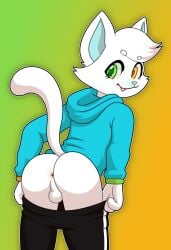 animal_ears animal_humanoid anthro anus balls black_legwear blue_clothing blue_topwear cat_ears cat_humanoid cat_tail felid feline felis femboy from_behind fur furry furry_only green_eyes heterochromia hoodie looking_at_viewer looking_back male_only mammal mammal_humanoid mcyt minecraft_youtubers mysticat_(youtuber) orange_eyes pants_pull perineum presenting presenting_hindquarters self_upload simple_background simple_shading solo solo_focus white_body white_fur white_hair youtubers