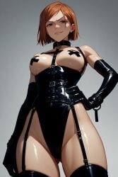 ai_generated big_breasts black_collar black_latex_corset black_latex_elbow_gloves black_latex_panties black_latex_thighhighs collar collar_ring dominatrix dominatrix_outfit femdom from_below jujutsu_kaisen kugisaki_nobara looking_down_at_viewer low-angle_view smirk smirking smug smug_face