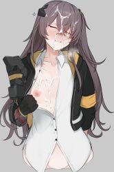 anger_vein armband black_jacket blush breasts brown_hair bukkake burn_scar closed_eyes collared_shirt commentary commentary_request cropped_torso cum cum_on_body cum_on_breasts cum_on_chest cum_on_hair cumdrip dress_shirt facial female girls'_frontline highres hood hooded_jacket jacket long_hair mechanical_arms nipples one_side_up peanut_mouth re1kirisaki342 scar scar_across_eye scar_on_face shirt simple_background single_mechanical_arm small_breasts solo stitches straight-on sweatdrop teeth ump45_(girls'_frontline) ump45_(mod3)_(girls'_frontline) white_shirt yellow_armband