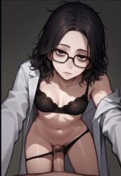 ai_generated artist_name:aiscaresme bra cum_inside emotionless female fit_female glasses labcoat not_real_art panties panty_pull tired_eyes