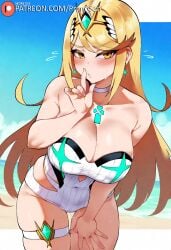 ai_generated beach blonde_hair core_crystal embarrassed finger_to_mouth large_breasts leaning_forward long_hair looking_at_viewer mythra mythra_(xenoblade) one-piece_swimsuit primosan pussy_juice standing swimsuit thick_thighs thigh_gap white_swimsuit xenoblade_(series) yellow_eyes