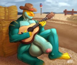 2023 3_toes 5_fingers acoustic_guitar anthro balls biceps big_balls big_muscles big_penis blue_body blue_penis blue_scales claws closed_eyes clothing cloud collared_lizard common_collared_lizard cowboy_hat day deltoids detailed_background digital_drawing_(artwork) digital_media_(artwork) dirt_road feet fence fingers flaccid foreskin genitals glans green_eyes guitar hat hat_only hay hay_bale haydenskull headgear headgear_only headwear headwear_only hi_res huge_balls huge_cock humanoid_genitalia humanoid_penis hyper hyper_balls hyper_genitalia hyper_penis lizard male male_only markings monroe_lehner mostly_nude muscular muscular_anthro muscular_arms muscular_male musical_instrument non-mammal_balls outside overcast partially_retracted_foreskin pecs penis pink_glans playing_guitar playing_music plucked_string_instrument reptile road road_sign rock scales scalie signature sitting sitting_on_ground sky solo spots spotted_body spotted_scales string_instrument striped_body striped_scales stripes thick_penis toe_claws toes tongue tongue_out vein veiny_penis yellow_body yellow_scales