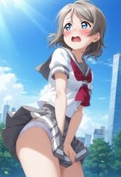 ai_generated ass ass_focus blue_eyes brown_hair female from_behind love_live! love_live!_sunshine!! panties school_uniform schoolgirl serafuku short_hair watanabe_you