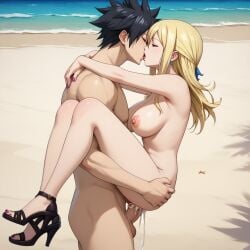 ai_generated beach black_hair blonde_hair brown_eyes dark_hair fairy_tail gray_fullbuster heels high kissing lucy_heartfilia pony_diffusion_xl standing standing_sex