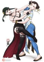 3girls absurdres anya_(spy_x_family) black_dress black_hair black_thighhighs blue_pants boots bracelet breasts brown_eyes brown_hair catfight china_dress chinese_clothes chun-li cleavage dirty dismaiden double_bun dress earrings eyeshadow fighting full_body gold_earrings gold_hairband grabbing_another&#039;s_hair hair_bun hairband high_heel_boots high_heels highres jewelry large_breasts leg_around_another&#039;s_leg makeup multiple_girls pants pearl_earrings pelvic_curtain pink_hair red_eyes red_eyeshadow referee shirt spy_x_family street_fighter street_fighter_6 striped_clothes striped_shirt thigh_boots thighhighs torn_clothes torn_dress torn_pants two-sided_dress two-sided_fabric vertical-striped_clothes vertical-striped_shirt yor_briar