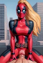 ai_generated blonde_hair cowgirl_position huge_cock lady_deadpool male/female marvel marvel_comics pale-skinned_male ripped_bodysuit ripped_clothing straight vaginal_penetration vaginal_sex will_of_ai