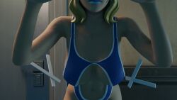 1girls blue_lipstick breasts covering_breasts fortnite fortnite:_battle_royale glimmer_(fortnite) invisible_partner large_breasts longer_than_30_seconds one-piece_swimsuit solo_focus swimsuit tagme video