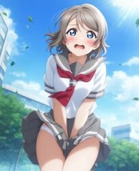 ai_generated ass ass_focus blue_eyes brown_hair female from_behind love_live! love_live!_sunshine!! panties school_uniform schoolgirl serafuku short_hair watanabe_you