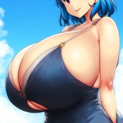 ai_generated ameanon big_breasts blue_dress blue_hair breast_cutout breasts breasts_bigger_than_head cleavage cleavage_cutout gigantic_breasts head_out_of_frame huge_breasts large_breasts rina_atherina rina_atherina_(errorkazoo) sideboob sundress sweat sweaty_breasts underboob