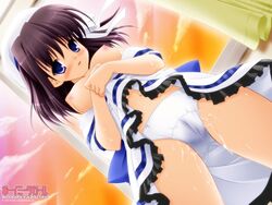 blue_eyes boy_meets_girl breasts brown_hair nipples panties ribbons underwear upskirt