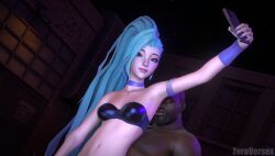 3d 3d_(artwork) blue_hair bra cute dark-skinned_male dark_skin from_behind interracial k/da_all_out_series k/da_series league_of_legends looking_at_viewer night riot_games selfie selfie_pose seraphine_(league_of_legends) small_breasts virtamate zeroversex