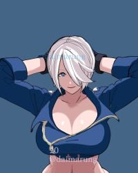 1girls angel_(kof) big_breasts blue_eyes breasts busty female gloves huge_breasts jacket king_of_fighters light-skinned_female light_skin looking_at_viewer pale-skinned_female pale_skin short_hair smiling_at_viewer voluptuous voluptuous_female white_hair wide_hips