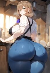 1girls ai_generated apron ass bangs blonde_hair blush bra_through_clothes breasts brown_hair curvy curvy_figure denim eyebrows_visible_through_hair female female_only from_behind genshin_impact green_eyes hair_ornament hi_res huge_ass huge_breasts huge_butt indoors jeans kitchen large_ass large_breasts lips lisa_(genshin_impact) looking_at_viewer looking_back milf miyuai nai_diffusion pants pantylines see-through shirt smile solo solo_female solo_focus stable_diffusion thiccwithaq_(ai_style) thick_thighs thighs voluptuous voluptuous_female white_shirt wide_hips