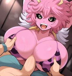 1boy 1boy1girl 1girls ai_generated ashido_mina big_breasts breasts female grin huge_breasts mina_ashido mullon my_hero_academia novelai pink_hair pov smile superheroine