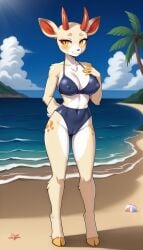 1girls 2024 ai_generated amber_eyes animal_crossing anthro beach bikini blushing cameltoe cleavage curvy_figure digitigrade female female_only hand_behind_back hand_on_breast hi_res horns nintendo nipple_bulge outdoors seaside shino_(animal_crossing) smile