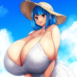 ai_generated ameanon big_breasts blue_hair breasts breasts_bigger_than_head cleavage gigantic_breasts huge_breasts large_breasts pink_eyes rina_atherina rina_atherina_(errorkazoo) sideboob straw_hat sundress white_dress