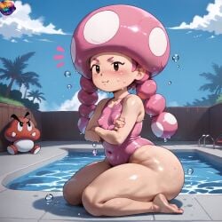 ai_generated arms_crossed bare_shoulders bare_thighs big_ass big_thighs black_eyes blush blushing_at_viewer blushing_female bottom_heavy breasts button_eyes embarrassed embarrassed_nude_female erect_nipple erect_nipples erect_nipples_under_clothes female fungi_humanoid huge_ass humanoid leotard mario_(series) mushroom_girl mushroom_humanoid one_piece_swimsuit pink_hair pool poolside repartz short_female short_stack shortstack small_breasts solo solo_female solo_focus super_mario_bros. swimsuit swimwear thick_ass thick_legs thick_thighs tiny_breasts toadette twintails wide_hips