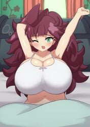 1girls 2022 armpits bed big_breasts blush bra breasts breasts_bigger_than_head chloe_(pokemon) cleavage female female_focus female_only game_freak green_eyes huge_breasts hyper_breasts jaga334 large_breasts light_skin long_hair long_red_hair messy_hair nintendo one_eye_closed open_mouth pokemon pokemon_(anime) pokemon_journeys solo stretching top_heavy waking_up