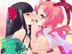 2girls alice_parade black_hair breast_grab female lactation luna_hatsujou_usagi multiple_girls nipples noizi_ito oppai pink_hair yamane_inemuri yuri